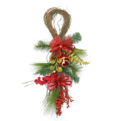 26" Long Needle Pine and Berry Artificial Christmas Teardrop Swag Unlit