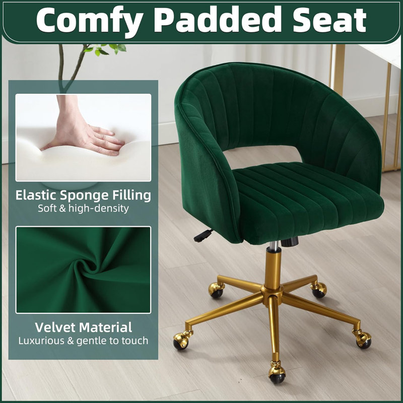 Velvet Desk Chair with Wheels, Home Office Swivel Armchair with Gold Base, Back Incline Adjustable for Vanity Make-up, Green