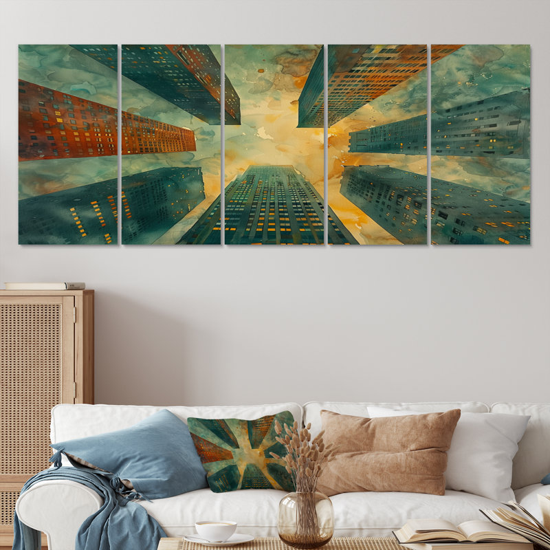 Vert, rouge, urbain, rétro, gratte-ciel, ensemble d'art sur toile gratte-ciel, H 32 po x l 80 po