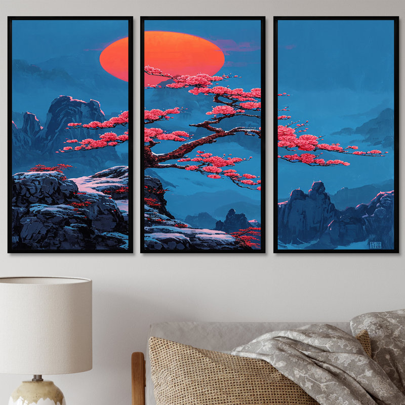 Cherry Blossom - Tree Wall Art Print Set, Black Floater Framed, 40" H x 60" W x 1" D