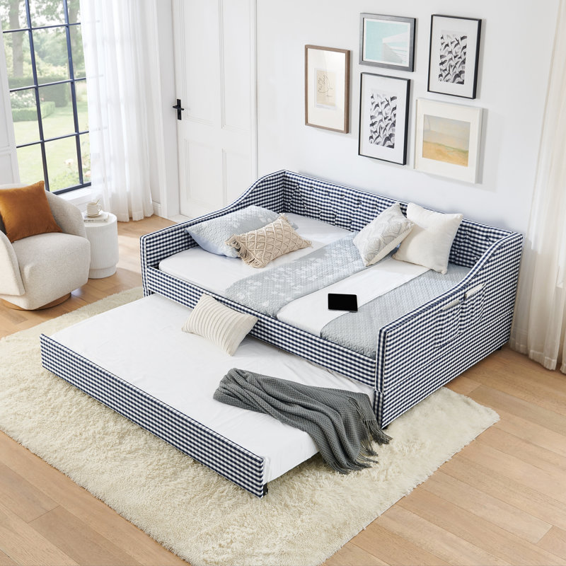 Lit de jour pleine grandeur, lit de jour convertible rembourré avec dossier capitonné, canapé-lit polyvalent 3 en 1 avec lit gigogne escamotable et rangement latéral, pour un salon compact - bleu foncé