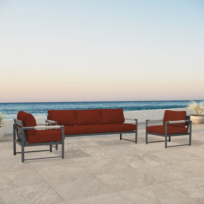 Avrilyn Metal 3 Piece Deep Sofa Seating Group with Sunbrella Cushions, Toile gris anthracite Sunbrella®, Ardoise