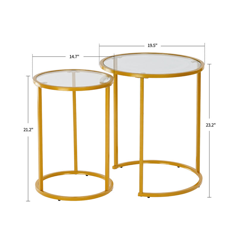 Ryett 2 End Tables with Metal Base Round Table with Tempered Glass Tabletop, Gold