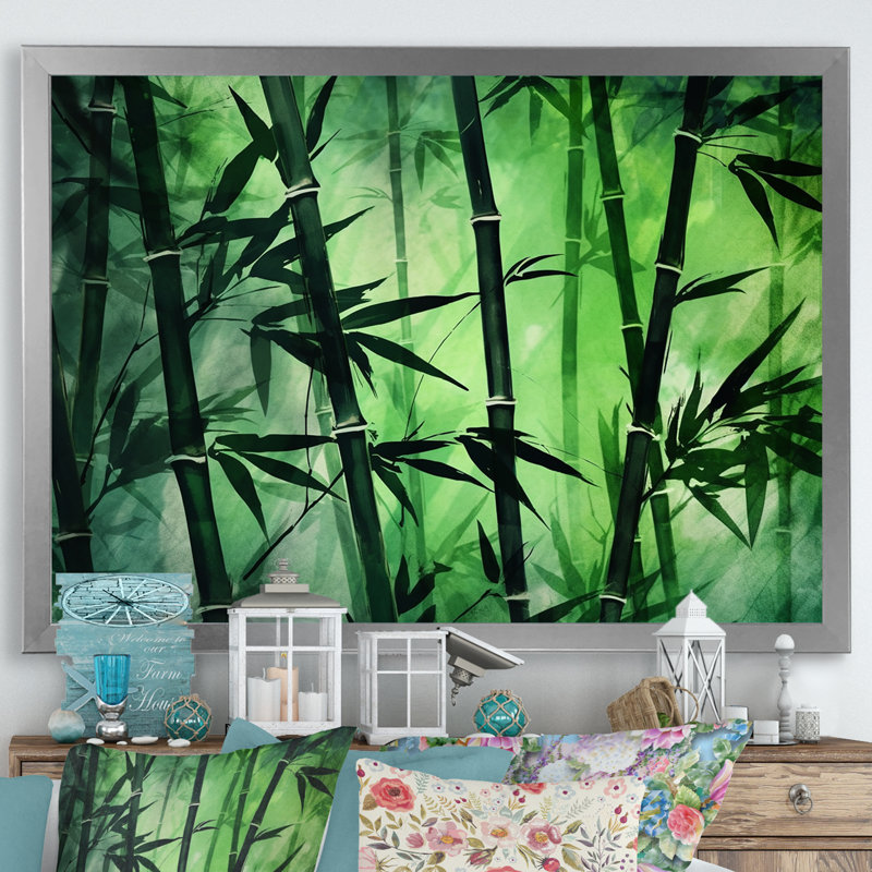 Bambou vert foncé et clair sur toile, H 30 po x l 40 po x P 1,5 po, Cadre photo argenté