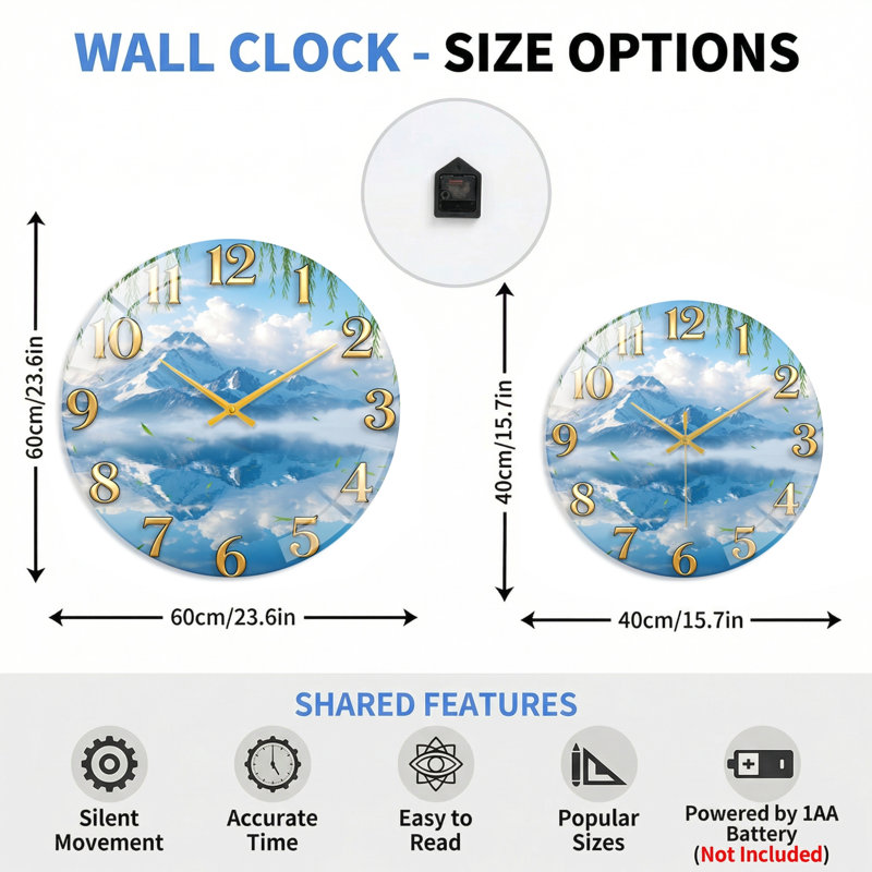 Horloge murale en verre Mountain, 40 x 40 cm (15,7 x 15,7 pouces)