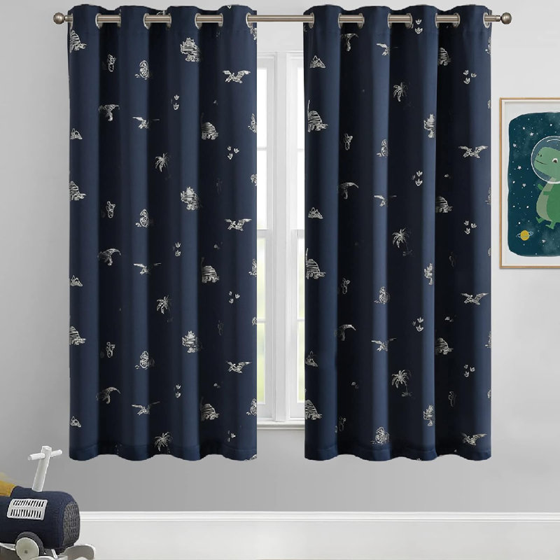 Alcuin Dinosaur Blackout Curtain Pair, 52" W x 63" L, Gray