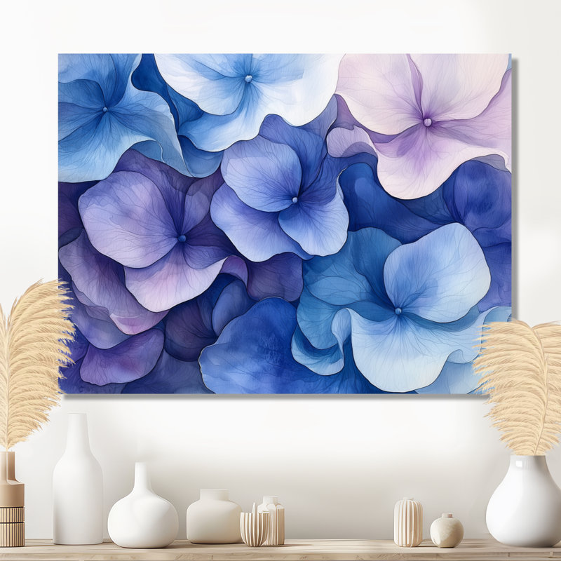 Jacelyn hortensia pétales vagues d'harmonie - art mural hortensia pour le salon, H 30 po x l 40 po, Toile tendue