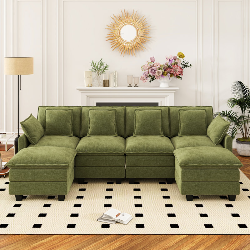 Canapé modulaire en U en chenille de 106 po avec deux repose-pieds Yakina, Chenille verte
