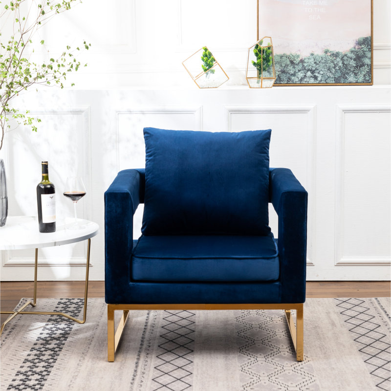 Fauteuil bleu luxueux - revêtu de velours fin, de structure métallique, carré, avec accoudoirs confortables pour une détente