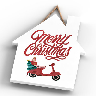 Xmas Merry Christmas Scooter Wooden House Plaque