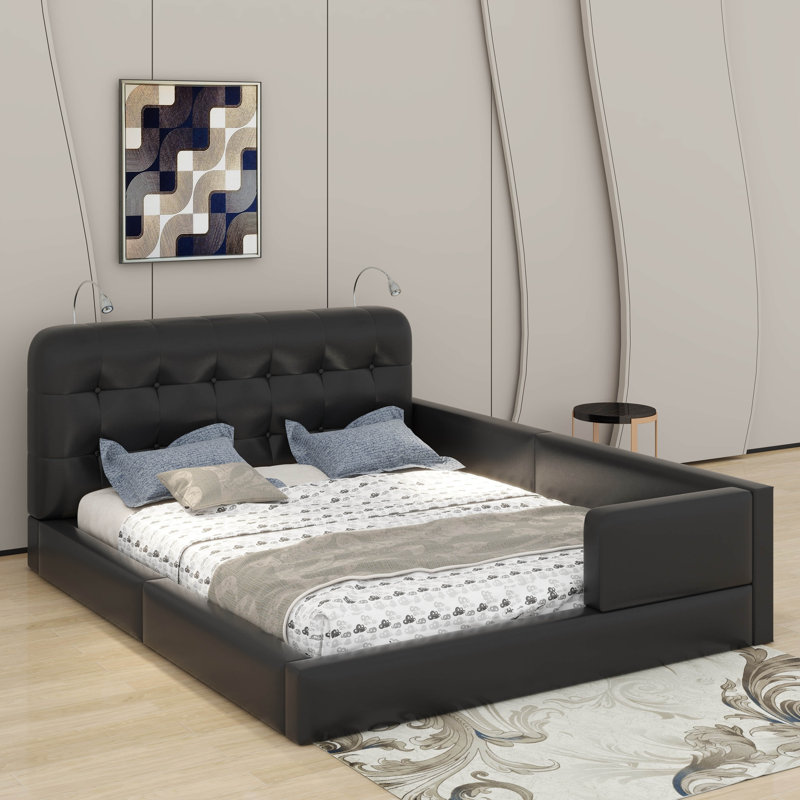 Grand lit plateforme tapissier avec 2 lumières, Noir
