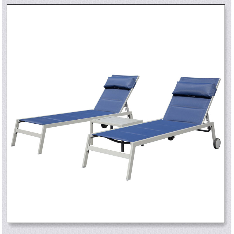 Outdoor Patio Chaise Lounge Set of 3, Aluminum Pool Lounge Chairs with Side Table and Wheels, Light Blue