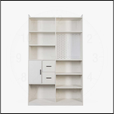 Bibliothèque spacieuse à 9 casiers avec panneau perforé et tiroir, large étagère moderne en bois pour la vie organisée, blanc