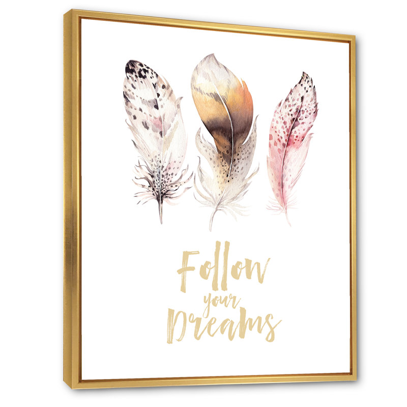 Plumes de bohème multicolores «Follow Your Dreams» - Art textuel sur toile, H 32 po x l 24 po x P 1 po, Encadrement doré