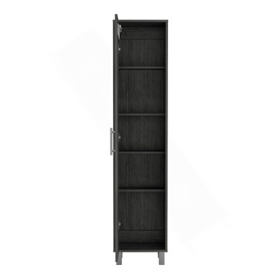 Armoire de rangement étroite de 70,8 po de hauteur avec tablette à 5 niveaux, 3 crochets à balais et quincaillerie en métal, chêne fumé