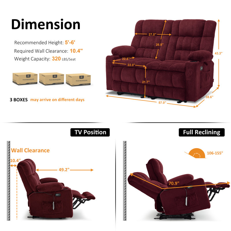 Latitude Run Power Loveseat Recliner, Electric Reclining Loveseat Sofa with Heat and Vibration, Burgundy
