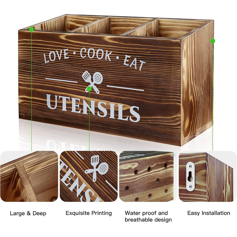 Brown Utensil Holder Rustic Wood Utensil Caddy Crocks With 3 Compartments For Kitchen Counter, Farmhouse Flatware Organizer Storage Box For Silverware Fork Spoon Spatula