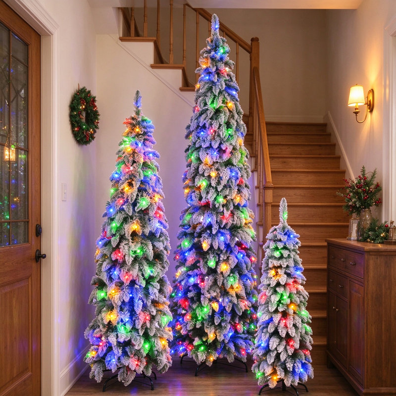 Ensemble de 3 sapins de Noël artificiels floqués et pré-illuminés – Sapins fins de 1,20 m, 1,80 m et 2,40 m avec 520 lumières DEL bicolores, 11 modes d'éclairage, 1455 extrémités de branches – Décoration de Noël floquée neigeuse peu encombrante pour les petits espaces, l'entrée et les réceptions de fin d'année