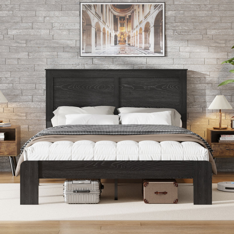 Cadre de lit double avec tête de lit tapissier rustique, plateforme en bois, charge, lumières à DEL, caractéristique pour animaux de compagnie, bruit, sans sommier, noir antique en noir, station de charge de style campagnard, Glow For
