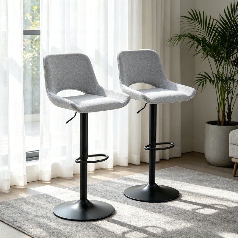 Ensemble de 2 tabourets de bar pivotants réglables en lin gris clair à dossier creux avec base en métal noir pour 250 lb