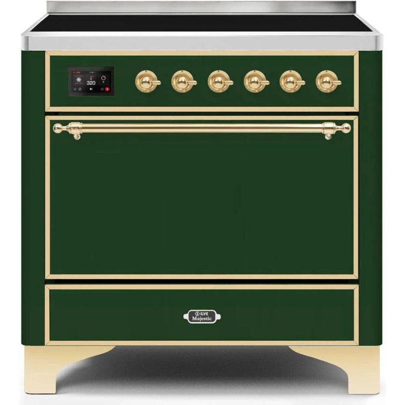 Cuisinière à induction 36 po avec 5 éléments à induction ILVE Majestic II Series (porte pleine), Vert émeraude / laiton