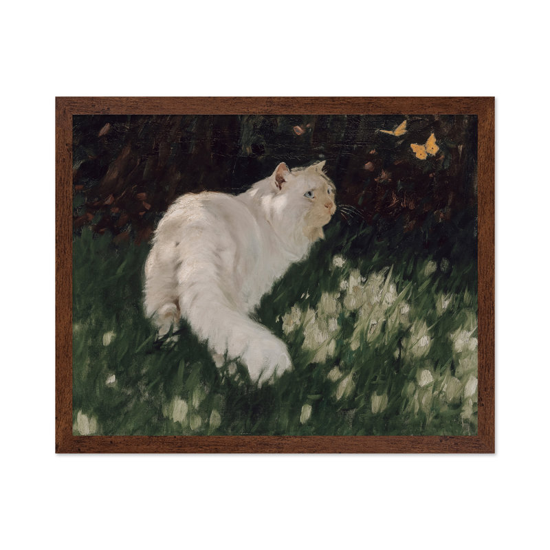 Arthur Heyer - Chat blanc et papillons, Poster, 11"H x 14"W, Brown Framed