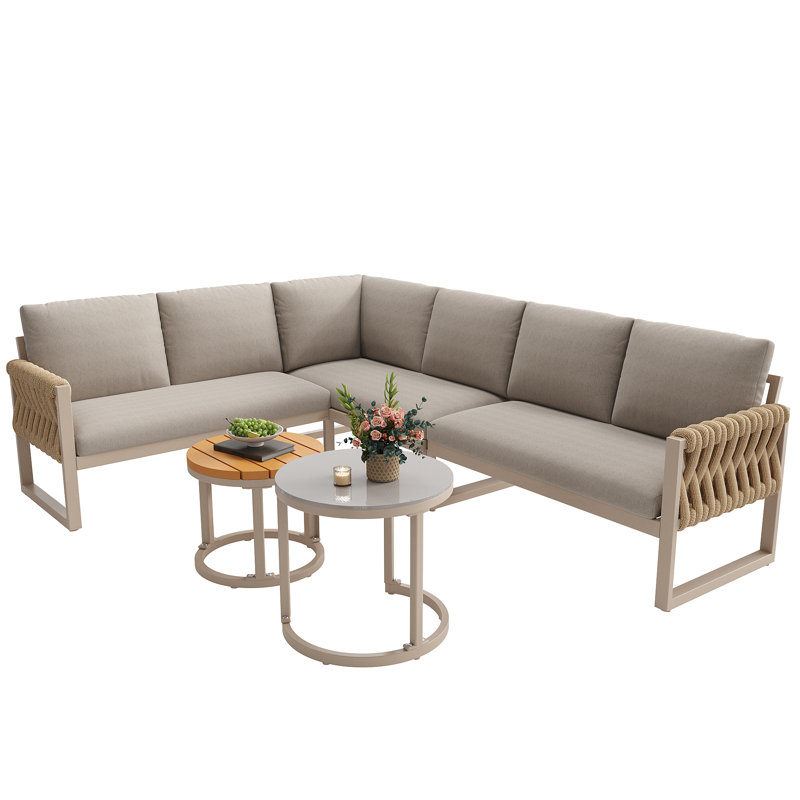Modular Outdoor Corner Sofa Set With Tables - 110/123 Cm, 8 Cm Cushions, Removable Covers, Adjustable Legs