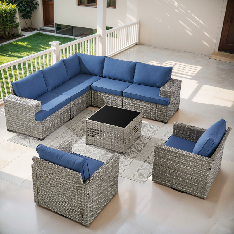 Ensemble de conversation modulaire en rotin et osier avec chaises berçantes pivotantes et table basse Clolt Arnoltice, Bleu