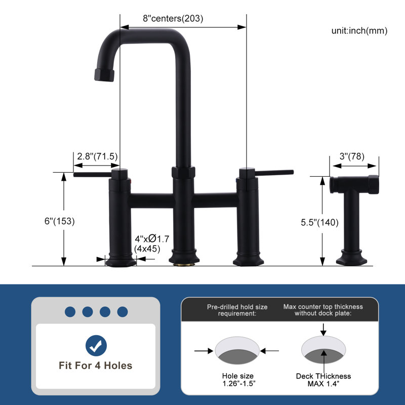 Brass 2-Handle Bridge Kitchen Faucet With Brass Side Sprayer 4-Hole Deck Mount Kitchen Faucet, Matte Black