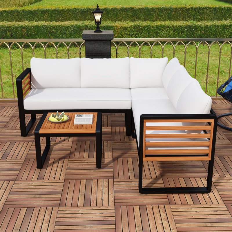 Ensemble de conversation 4 pièces pour patio, canapé modulaire en L et structure en bois avec coussin moelleux et tables basses