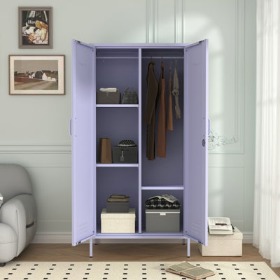 2 Door Wardrobe 67 Inch Purple Metal Storage Cabinet With Hanging Rod Office Double Door Lockable Metal Adjustable Shelves Wardrobe Bedroom Home Offic by Wrought Studio