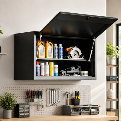 Bizoe 29.6 Inch Wall Mounted Metal Tool Storage Cabinet with Flip Up Door, Gas Strut Locking Cabinet with Adjustable Shelf, Heavy Duty Steel for Garage Workshop Basement and Kitchen, Black