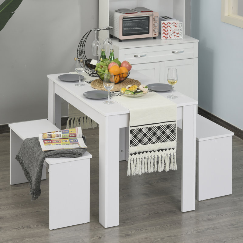Balwant Kitchen Dining Table and 2 Benches Set, Small, White