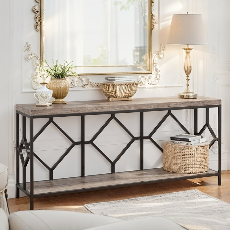 Très longue table d'appoint 70,86 po, console 2 niveaux, Gris / Noir