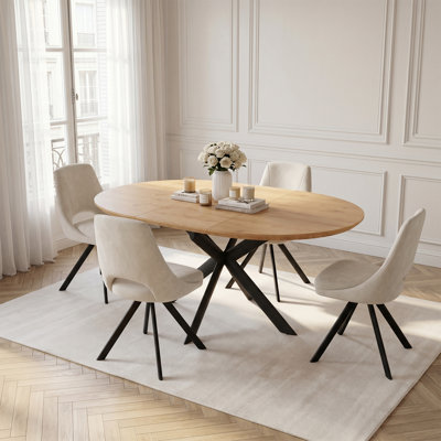Extendable Round Dining Table Set of 4, 110–150 Cm MDF Oak Finish with 4 Corduroy Dining Chairs, Modern Minimalist Kitchen Table for Dining Rooms, Kitchens