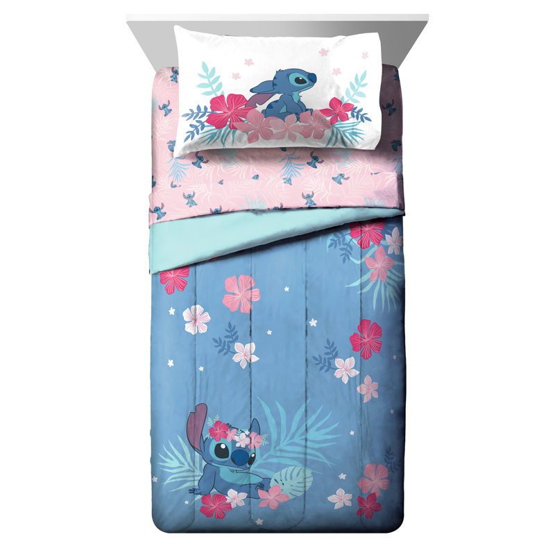 Ensemble d'édredon réversible en microfibre bleu / rose LiloStitchPD 5 pièces, Édredon simple + 5 pièces supplémentaires