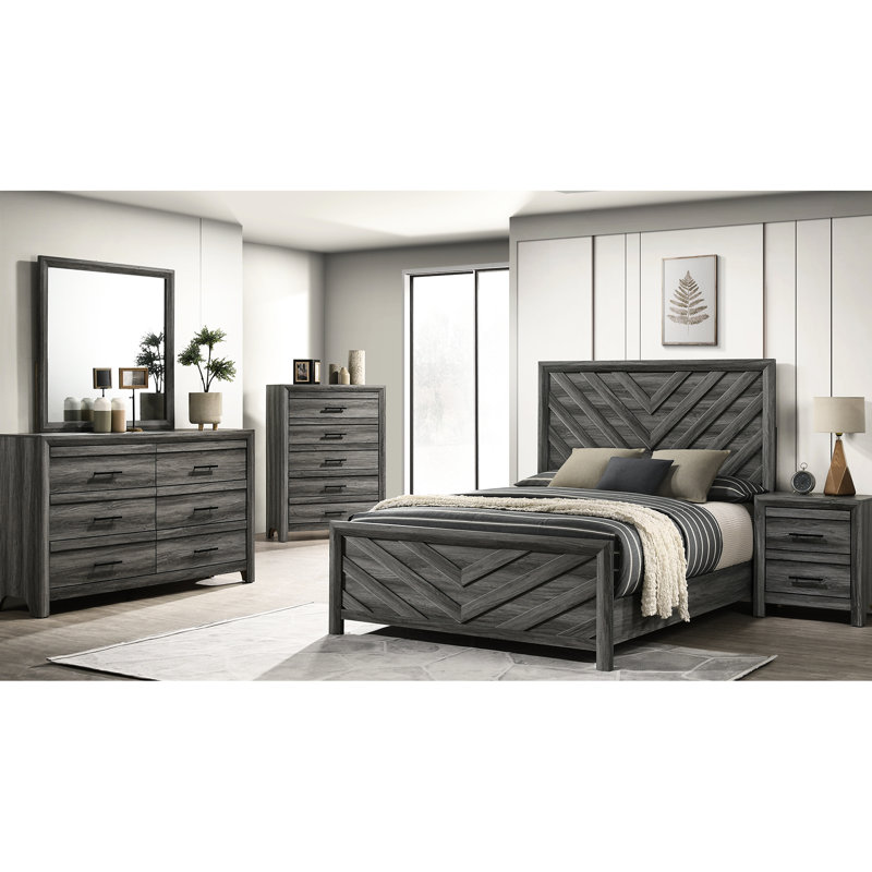 Lit double gris avec design sophistiqué - Structure en bois massif pour le confort de la chambre à coucher