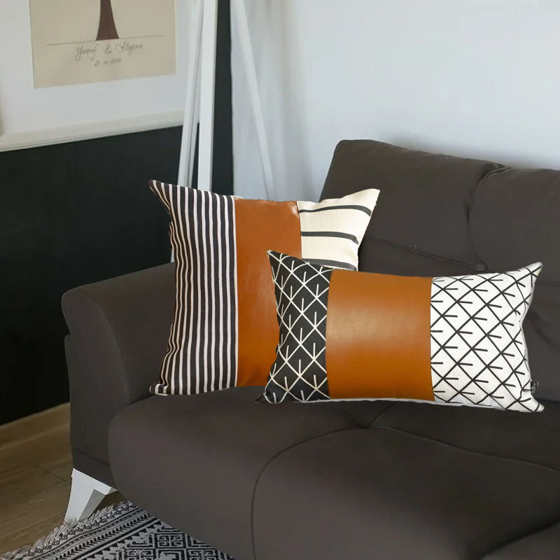 Bohemian Brown and Black Geometric Faux Leather Pillow Covers Set