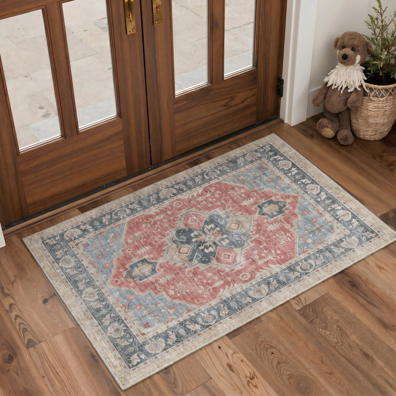 Marrakesh Vintage Floral Machine Washable Blue / Red Indoor Area Rug with Non-Slip Backing, Rectangle 6' x 9'