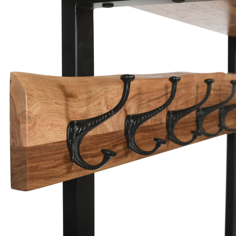 Pomona 48"W 72"H, Acacia Wood, Natural, Hall Tree with Bench, 7 hooks, each with 20 Lbs Capacity
