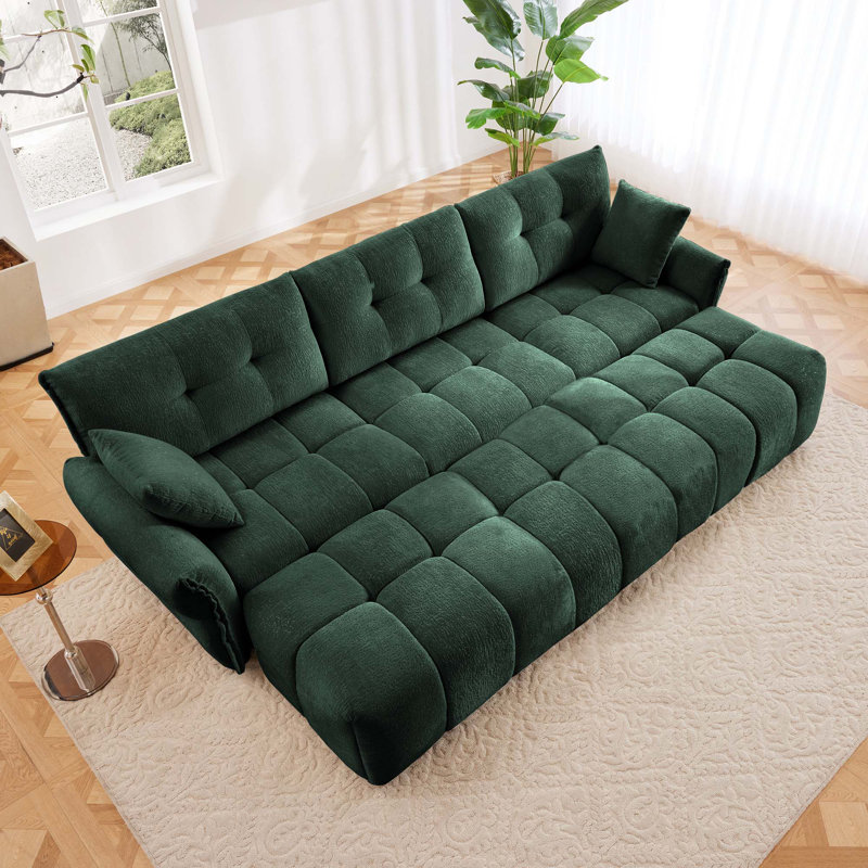 Canapé modulaire 3 places avec 3 repose-pieds et coussins, Chenille verte