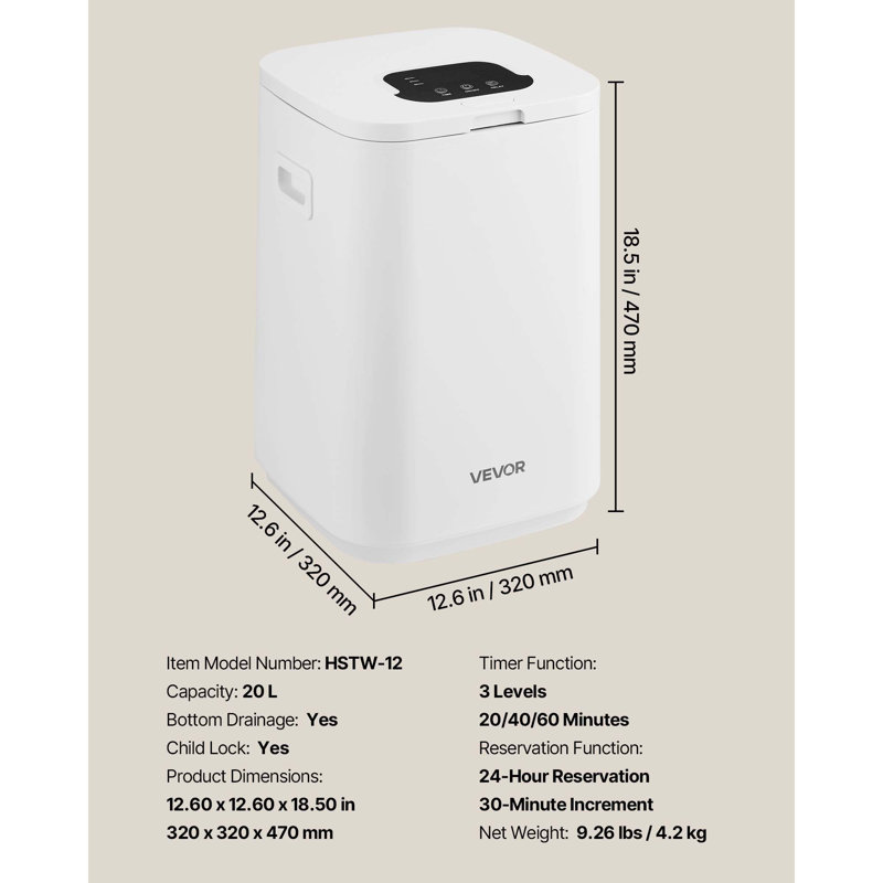 Seau chauffe-serviettes 20L avec 4 lumières DEL et verrou de sécurité blanc