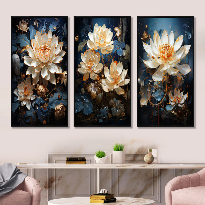 Opulent Reflections Lotus - lot de 3 décorations murales Lotus, H 28 po x l 36 po, Cadre flottant noir