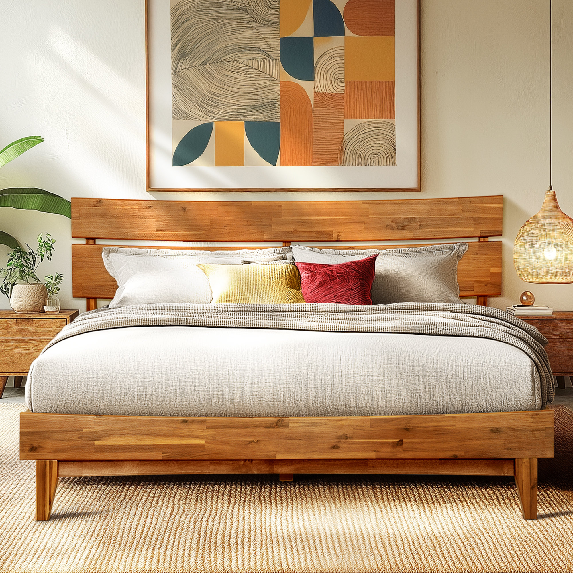 Acacia Antione Premium Solid Wood Platform Bed with Headboard, Farmhouse Style, Queen Size, No Box Spring Needed, Tall Headboard, Midcentury Modern Design, Easy Assembly
