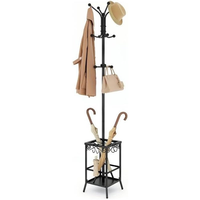 Coat Rack Freestanding, Coat Tree With Umbrella Holder, Metal Coat Rack Stand With 12 Hooks, Standing Coat Hanger Stand, Umbrella Stand For Entryway, Hat Rack Stand For Home Office, Black