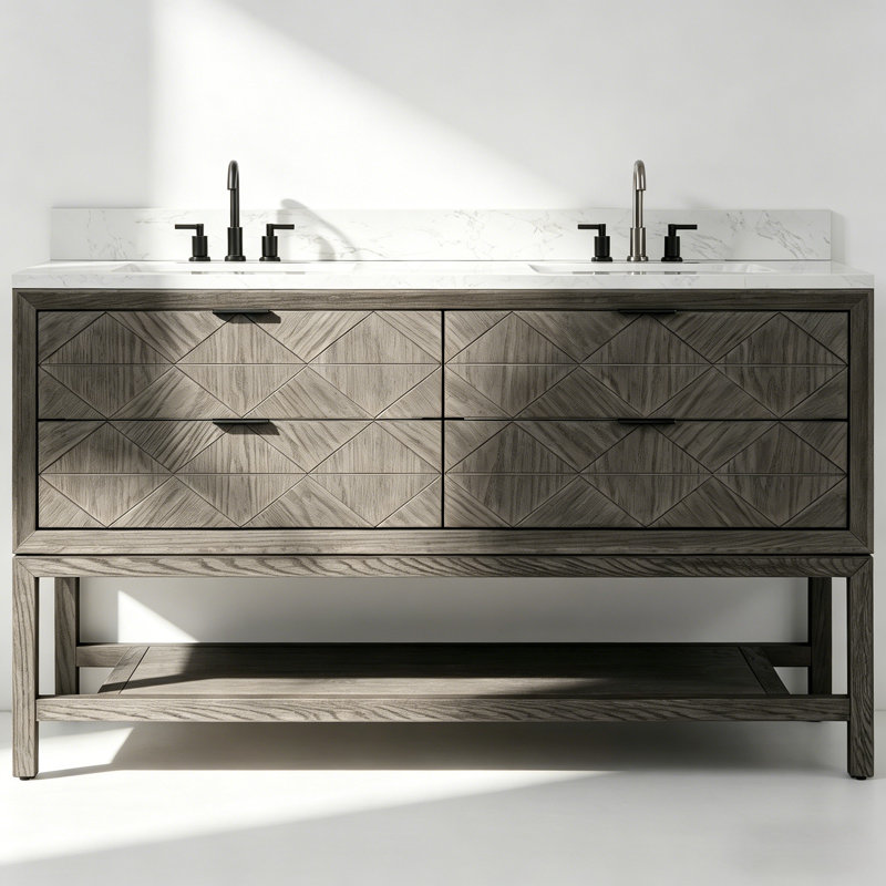 Ensemble de meuble-lavabo autoportant 60 po en bois massif avec plateau en marbre 60 po, Chêne gris