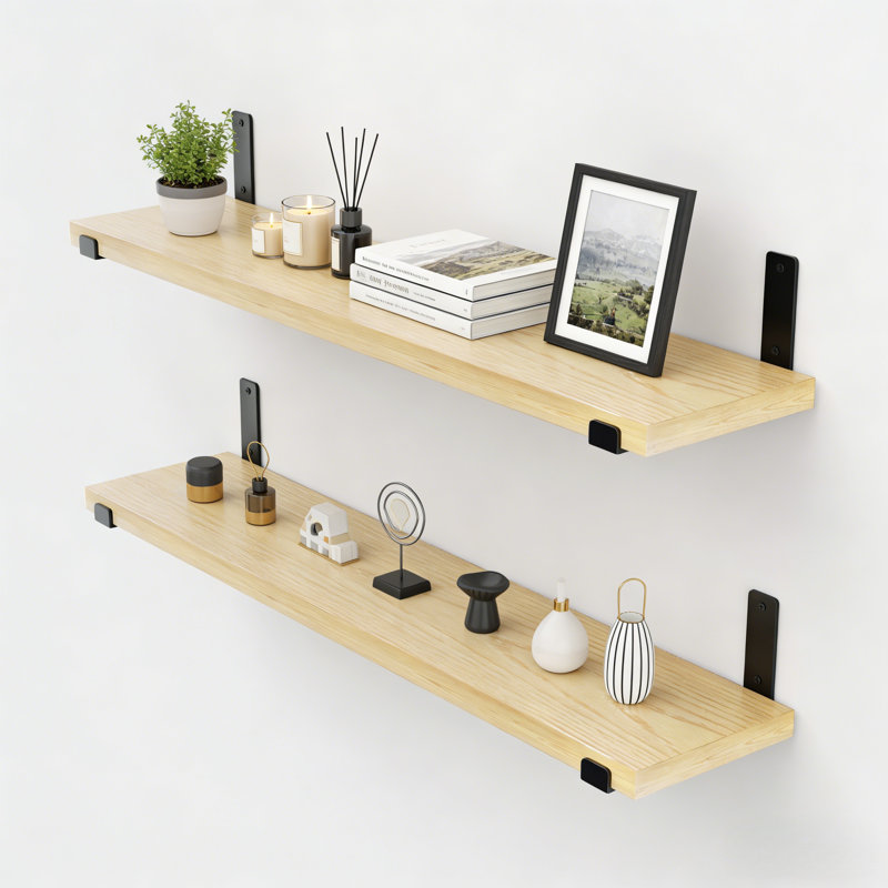Wall-Mounted Floating Shelves Bracket Shelf  Wood Wall Shelves Wood Floating Shelves With J Brackets For Bedroom, Living Room，Kitchen, Bathroom