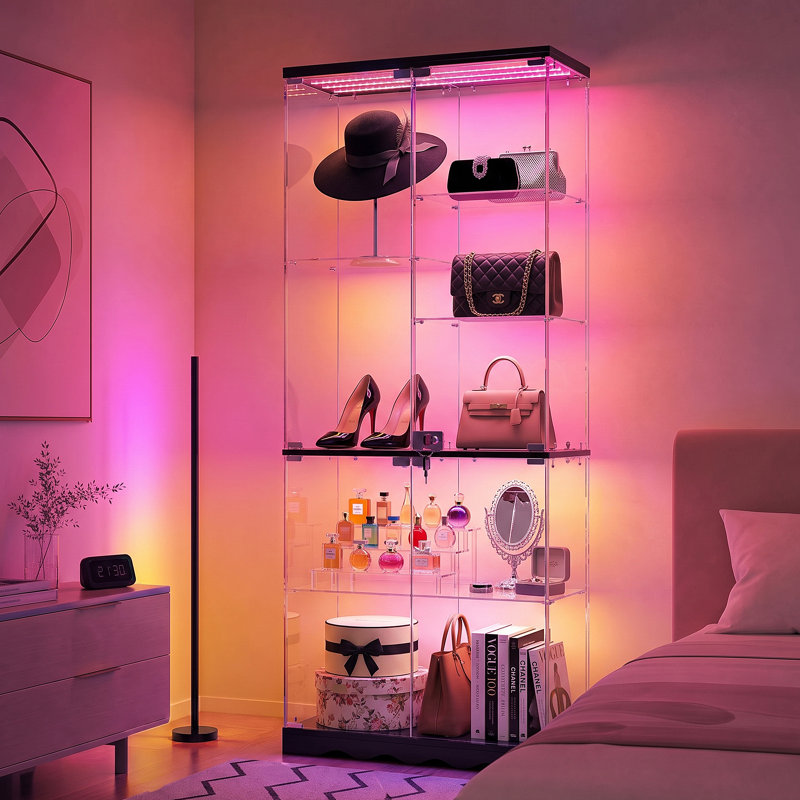 7-Tier Glass Display Cabinet with RGB LED Lighting, App Control, Motion Sensor and Lockable Doors, Obsidian Black