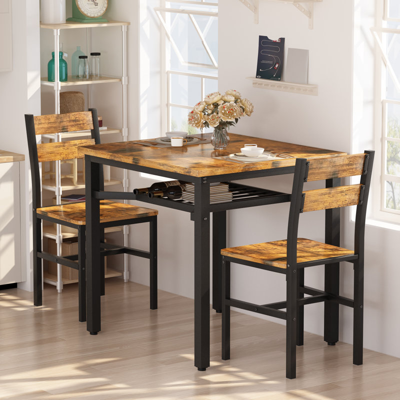 3 Piece Dining Table Set For 2 With Built-In Storage Rack, Small Wooden Kitchen Table With 2 Backrest Chairs, Farmhouse Square Dinette Set For Small Space Dining Room, Breakfast Nook, Apartment