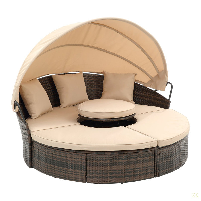 KD Rattan Round Lounge With Canopy Bali Canopy Bed Outdoor, Wicker Outdoor Sofa Bed With Lift Coffee Table, Beige